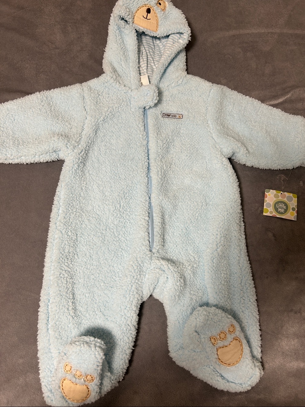 Litle me fuzzy fleece light blue jumpsuit full zip embroidered Sz 3-6 m